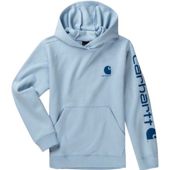 Carhartt Youth Small Hoodie Blue Pullover Sweatshirt Logo Sleeve Kangaroo Pocket - Picture 1 of 9